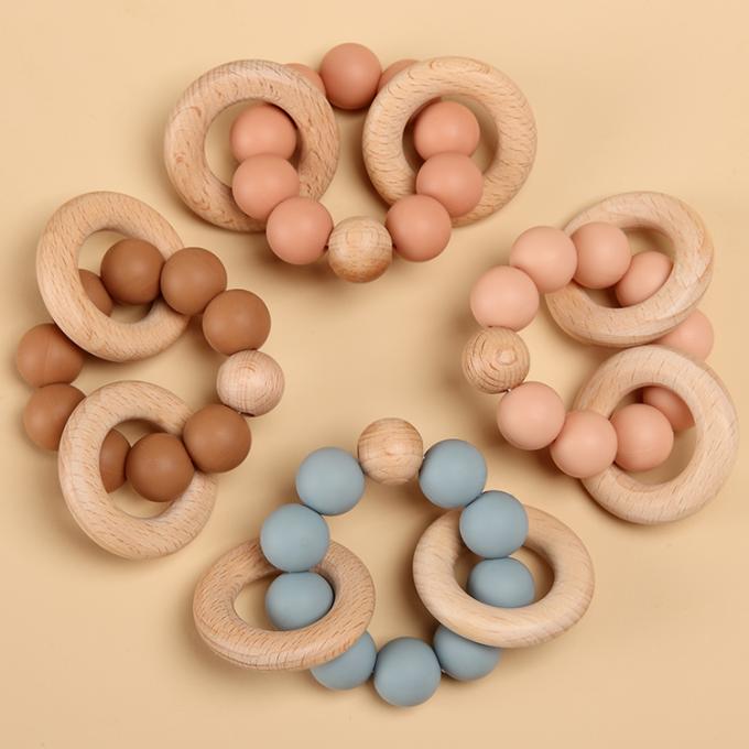 Silicón libre respetuoso del medio ambiente de encargo Teether del juguete BPA de la dentición del bebé con NC amistoso de madera DL13M03 de Ring Soft Toy los 7.5*6*4cm Eco;GUA