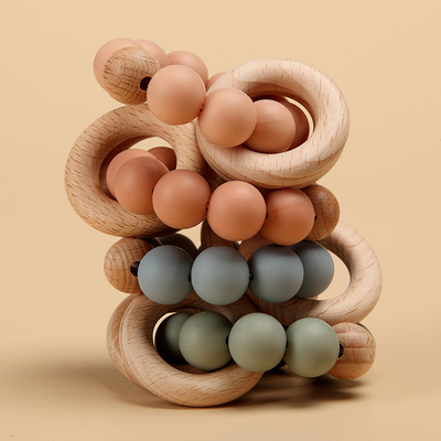 Wooden Ring Silicone Beads Teether BPA Free Soft Toy 7.5*6*4cm Eco Friendly