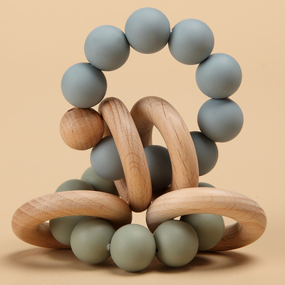 Wooden Ring Silicone Beads Teether BPA Free Soft Toy 7.5*6*4cm Eco Friendly