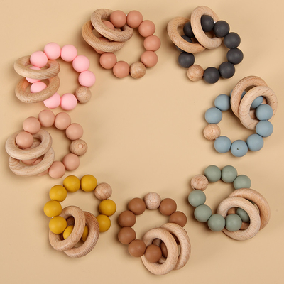 Wooden Ring Silicone Beads Teether BPA Free Soft Toy 7.5*6*4cm Eco Friendly