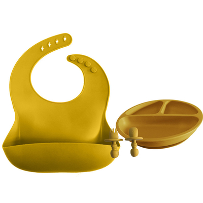 500g Baby Silicone Products Divided Suction Plates Bib Weaning Set With Spoon And Fork