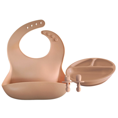 500g Baby Silicone Products Divided Suction Plates Bib Weaning Set With Spoon And Fork