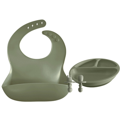 500g Baby Silicone Products Divided Suction Plates Bib Weaning Set With Spoon And Fork